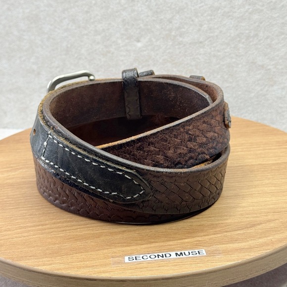 Distressed Leather Woven Embossed Belt Silver Buckle Brown Well Worn Size 50 - Picture 2 of 15